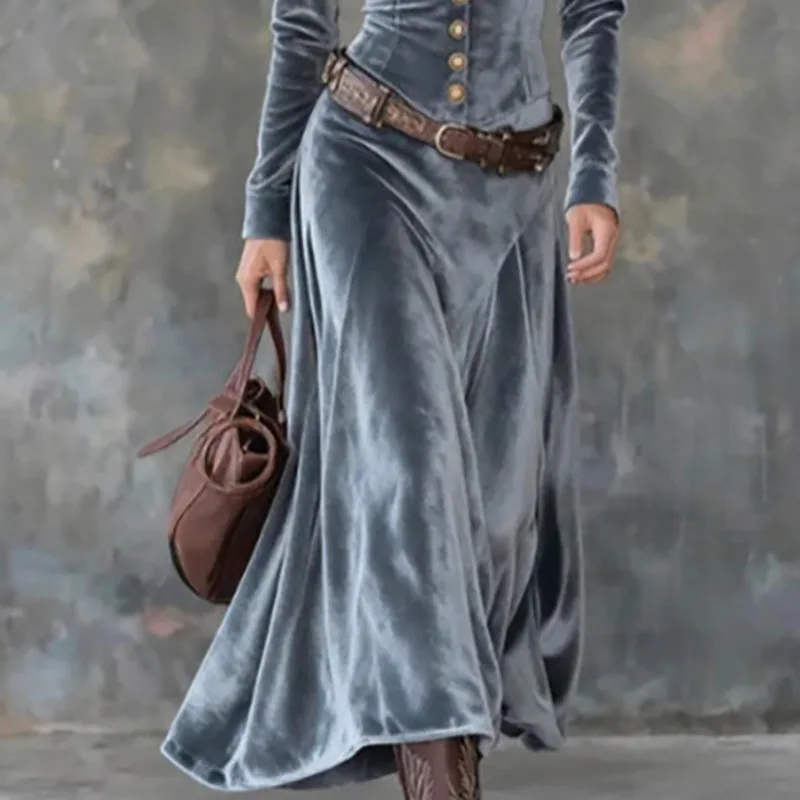 Fall Sexy Turn-down Collar Button Long Dress Woman Casual Solid High Waist Velvet Party Dress Winter Long Sleeve Slim Boho Dress