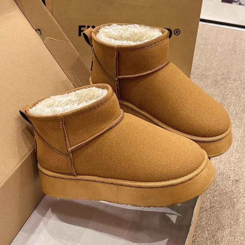 

Зимние женские короткие плюшевые теплые зимние ботинки, повседневная обувь, новые замшевые ботильоны на меху, женская обувь на плоской подошве и платформе, Botas