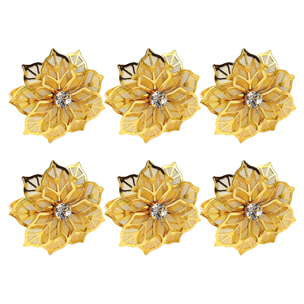 6Pcs Golden Napkin Holders Fine Craftsmanship Rhinestone Flower Design Anniversary Holidays Table Setting Gift