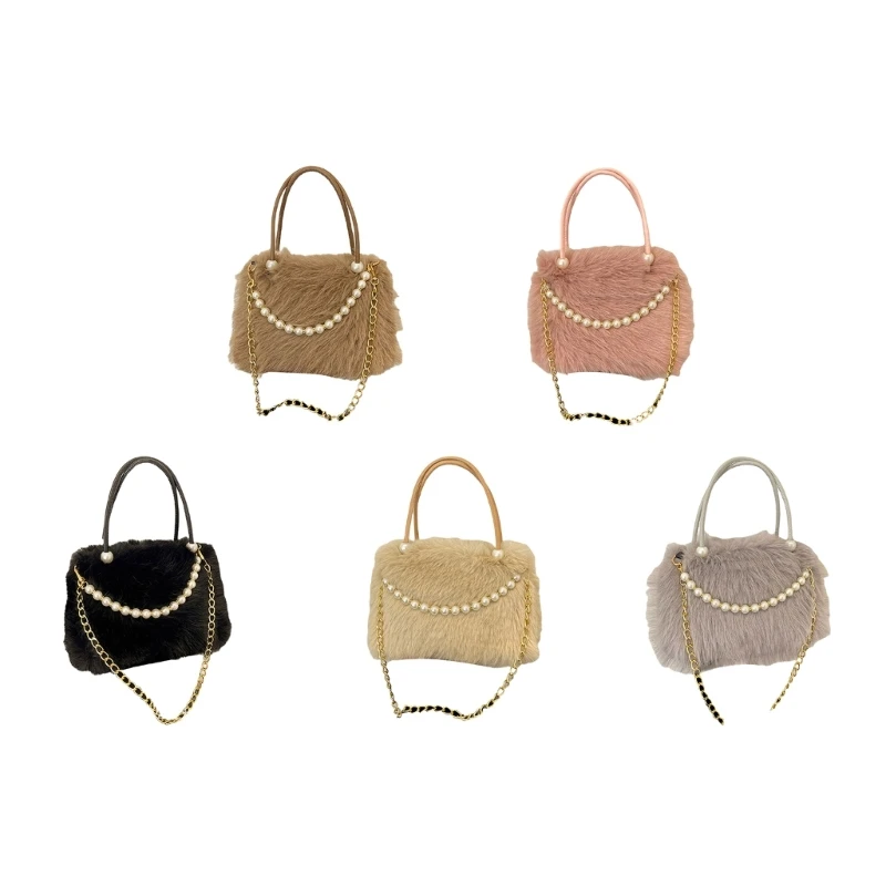 Portable Furry And Pearls Decorated Handbag Plush Shoulder Bag Fuzzy Handbag Crossbody Bags For Fashion Women and Girls