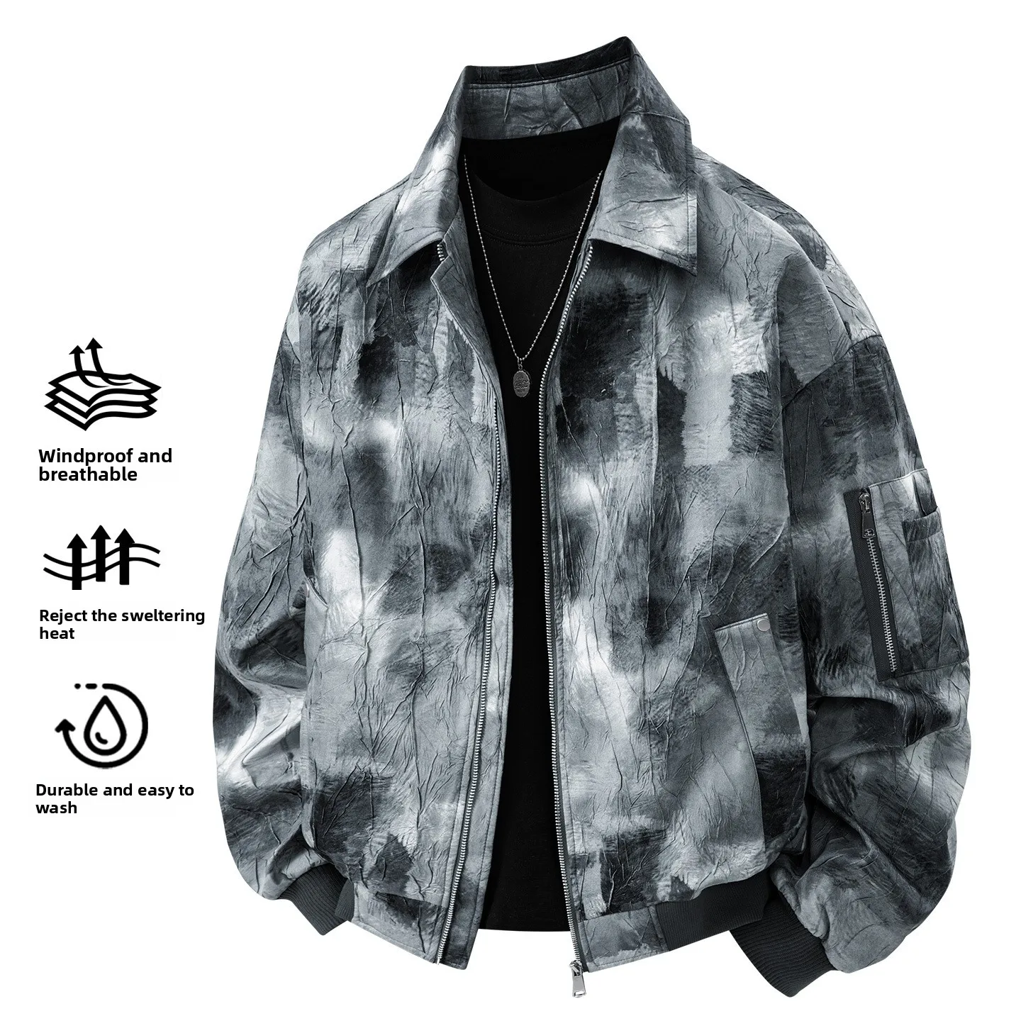 

Loose Men's Tie Dye Collar Jaet American Sle Casual Camouflage Texture Design Large Size Outerwear for Autumn