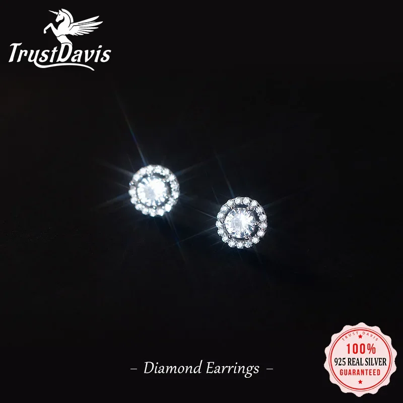 TrustDavis Real 925 Sterling Silver Earring Fashion Round Twinkling CZ Stud Earring For Women Wedding Party Fine Jewelry DA2620