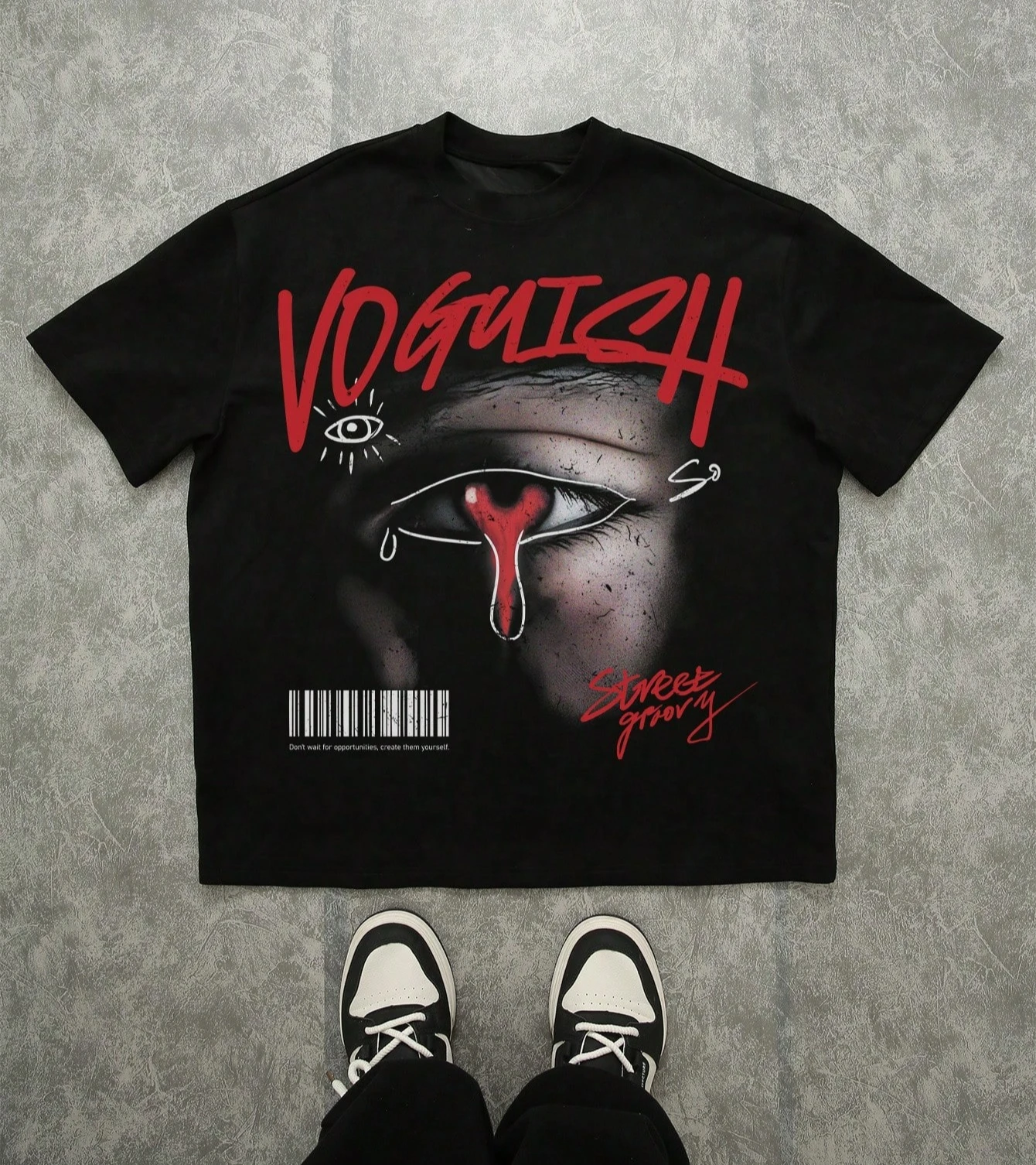 

Черная футболка большого размера Manfani ZONE917 с граффити в стиле ретро и рисунком красного глаза. Высококачественный модный комфорт.