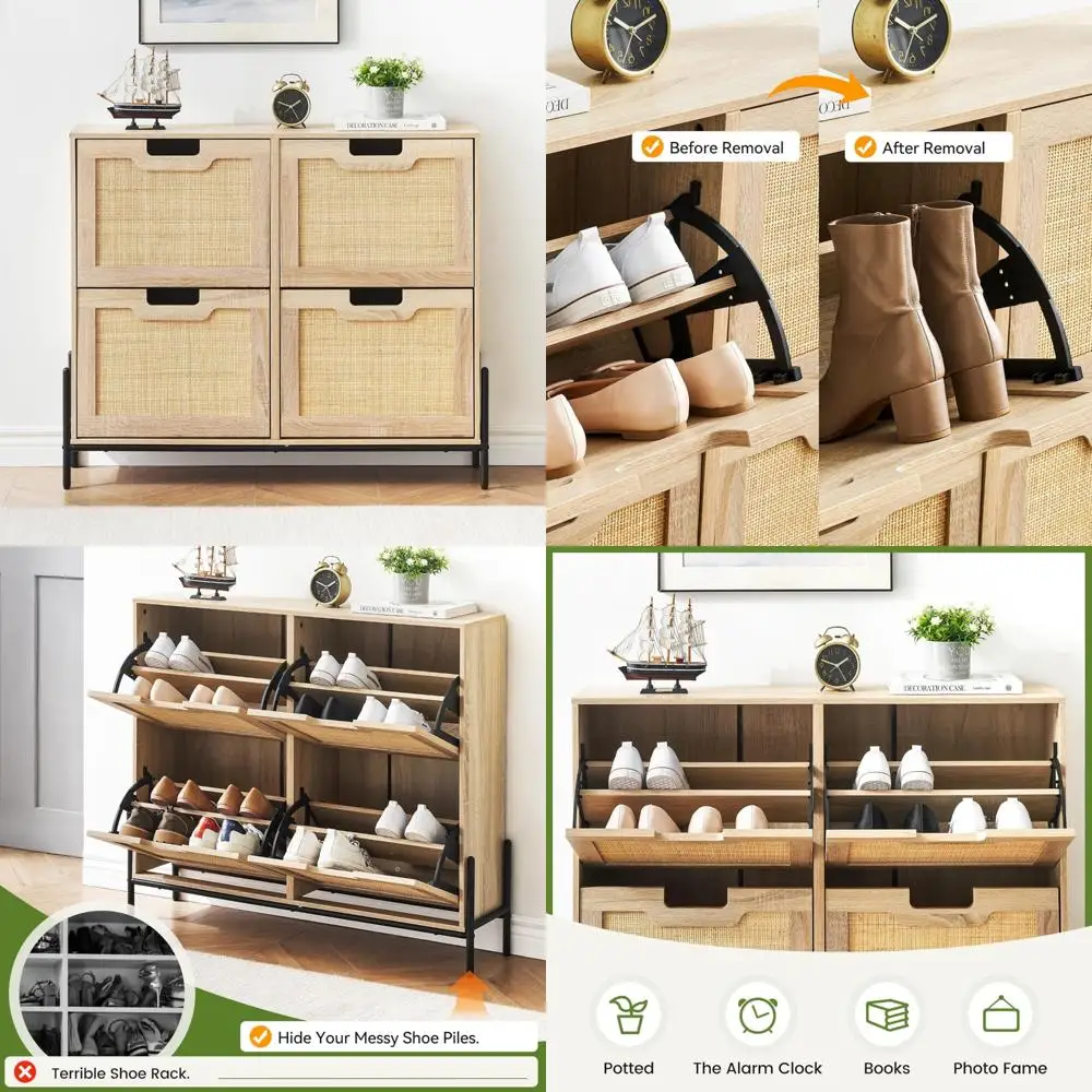 

Freestanding Rattan Shoe Organizer Cabinet with Metal Legs for Entryway Storage Solutions