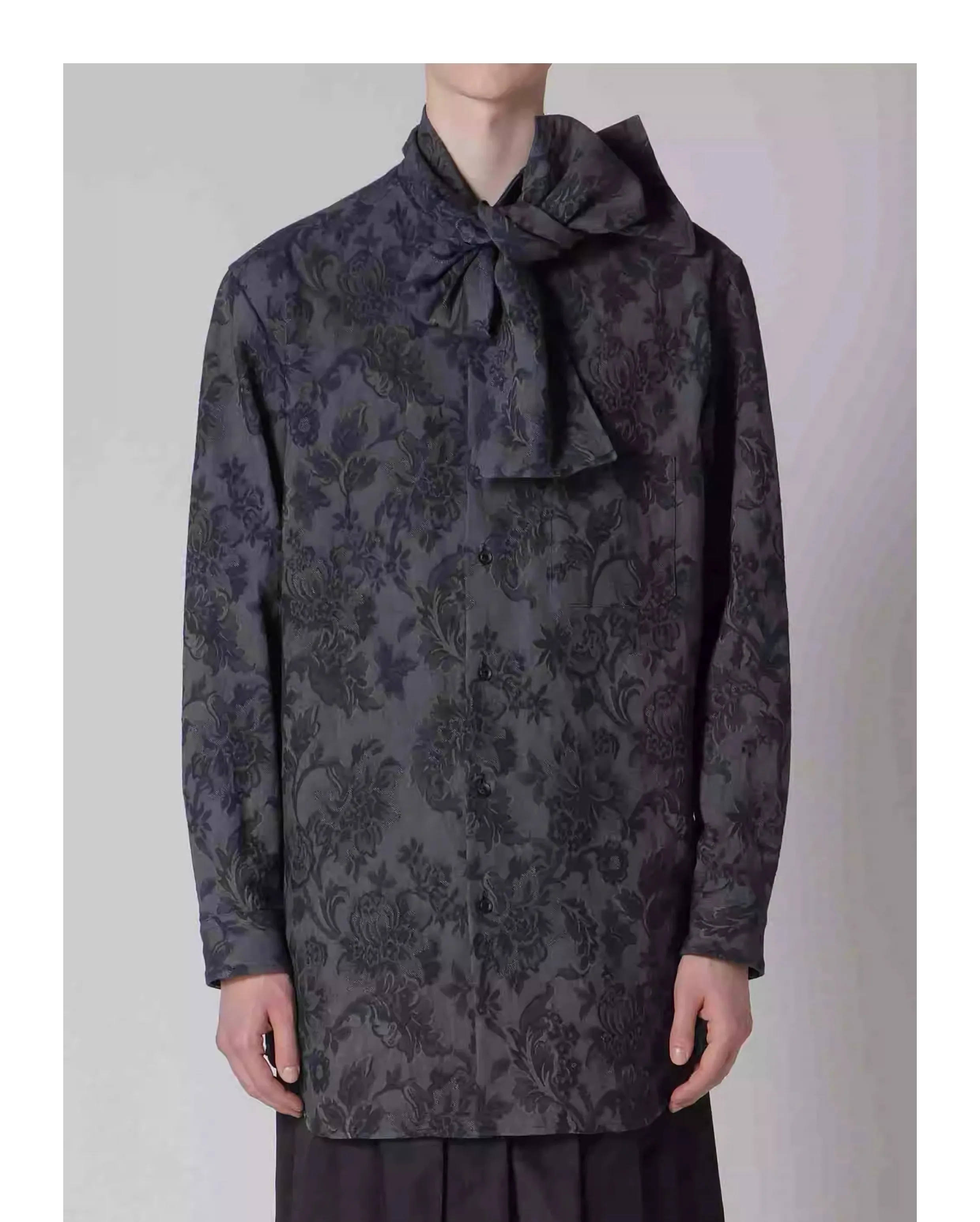 

FANDISHI Men's Shirt Original Design Floral Embroidery Dyeing Pattern with Scarf Collar Pure Cotton Casual Fashion