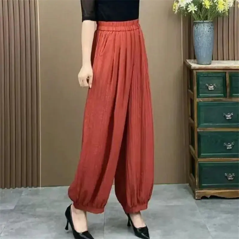 Women Summer Simplicity Loose Appear Thin Solid Color High Waist Bloomers Women Clothes Casual All-match Pleated Cotton Trousers