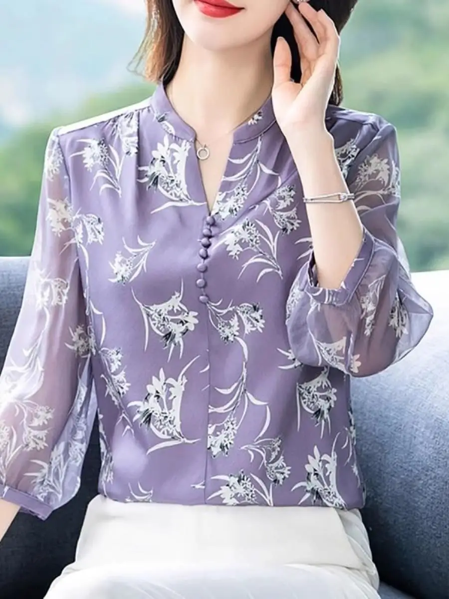 camisa-elegante-de-chiffon-para-o-verao-blusa-moderna-e-estilosa-para-mulheres-de-meia-idade-estilo-empresarial-manga-tres-quartos-com-bolso
