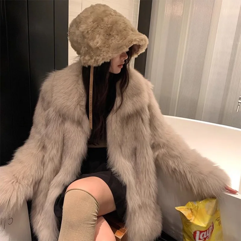 معاطف نسائية من الفرو الصناعي سترات من الفرو الصلب متوسطة الطول وأكمام طويلة وياقة مقلوبة بغرز مفتوحة سميكة وفضفاضة غير رسمية لخريف وشتاء 2025 #1
