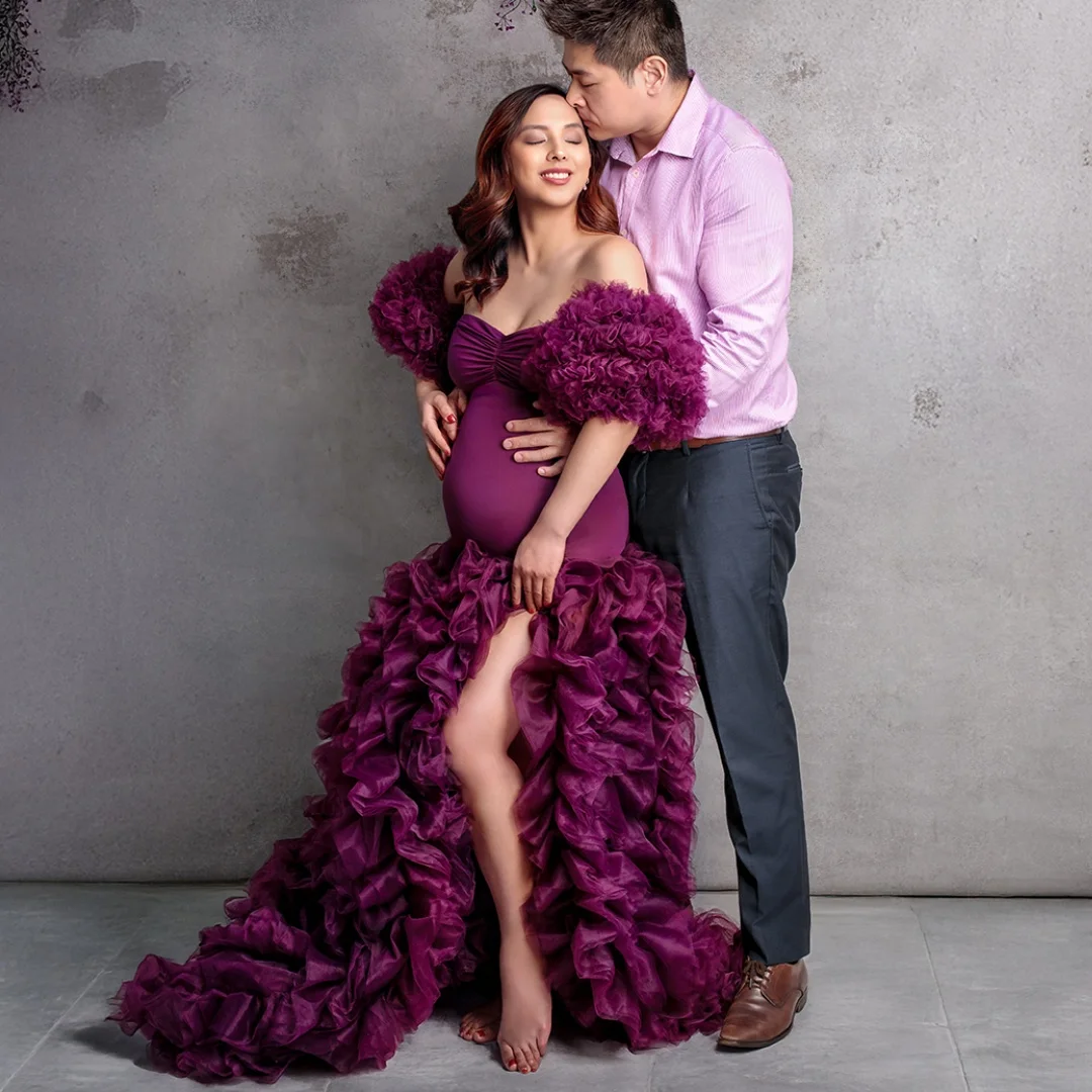 

Purple Mermaid Prom Dresses with Slit Ruffles Maternity Photoshoot Dress Customized Layers vestido de novia Photography Props