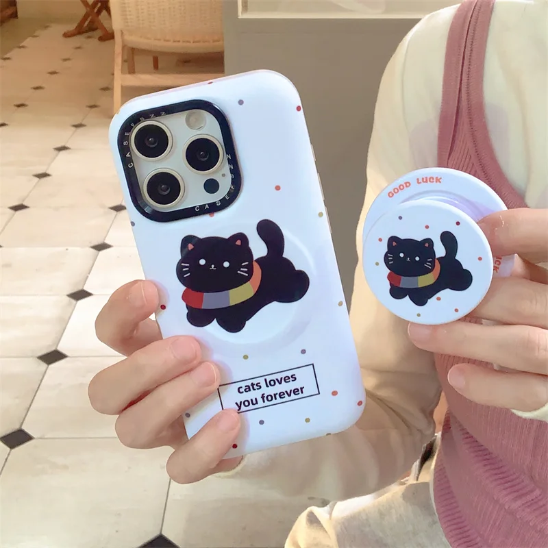 

Kawayii Phone Case for iPhone 16 Pro 15 14 13 Pro Max Korean cute polka dot Black cat magnetic stand silicone shockproof cover