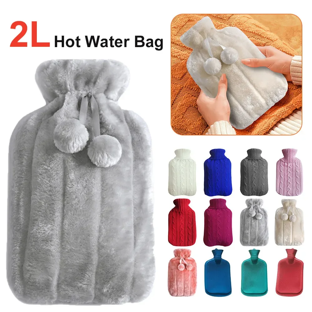 2000ml Large Hot Water Bag with Cover for Grils Winter Plush Hand & Feet Warmer Explosion-Proof Water Bottle Cover for Hot Water