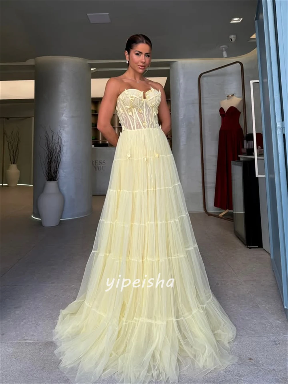 Personalizado de alta qualidade moda tule plissado ruched a linha sem alças vestidos longos sob medida vestidos ocasião estilo moderno combinando