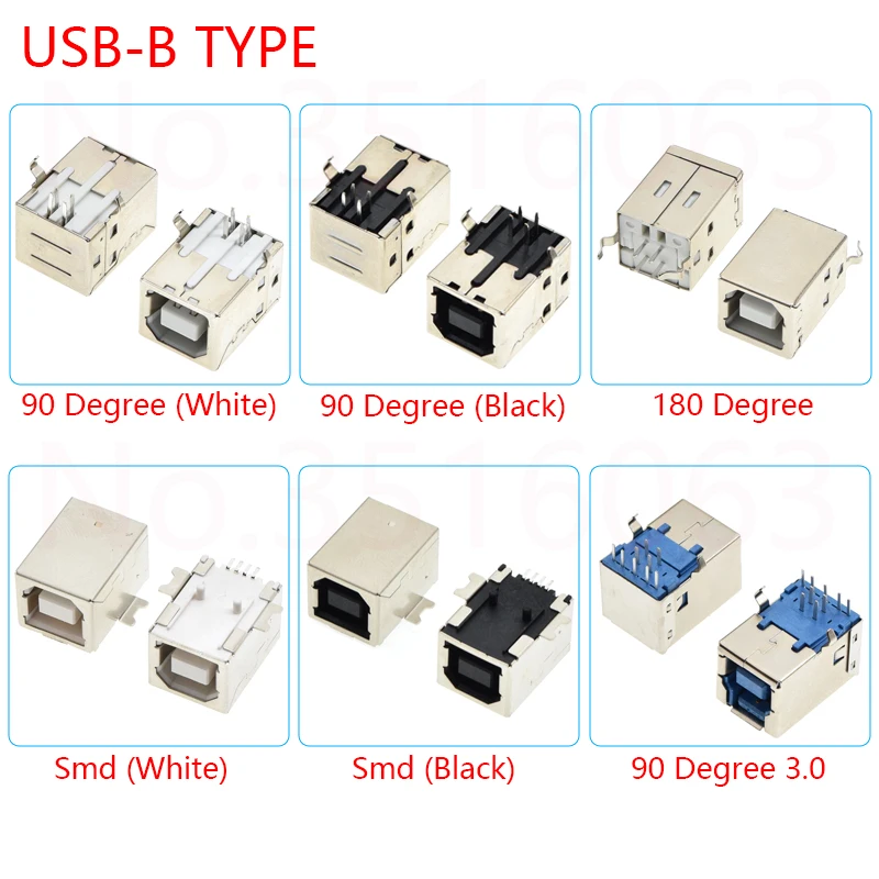 5PC USB 2.0 Connector Socket Jack Female Type B 90/180 Degree Connector Soldering PCB Connector D Printer Interface White/Black