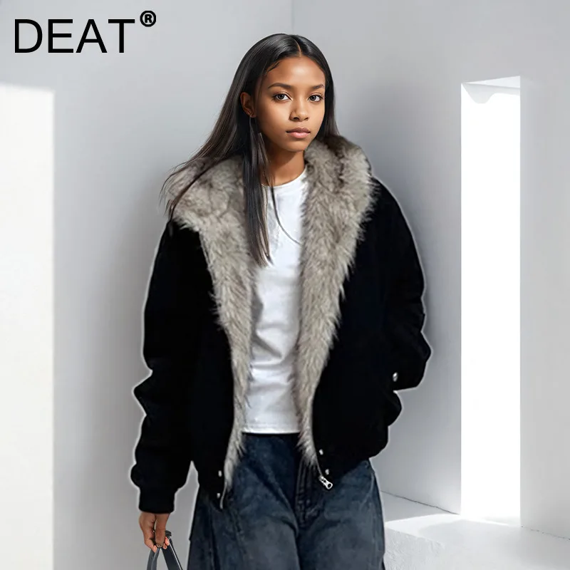 DEAT Fashion Fur Collar V-neck Contrast Color Cotton-padded Coats For Women Hooded Warm Jacket Female 2024 Winter New 11A02145