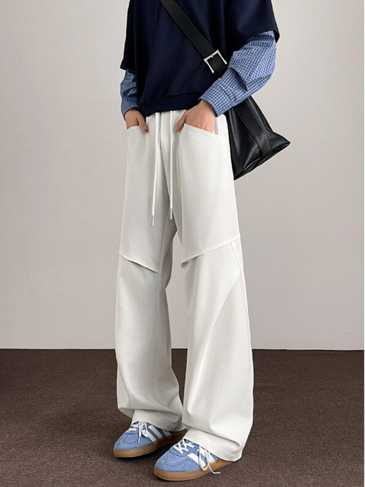 

American Sle Pleated White Men's Casual Pants Loose Straight Leg Drapey Versatile High Street Long Trousers