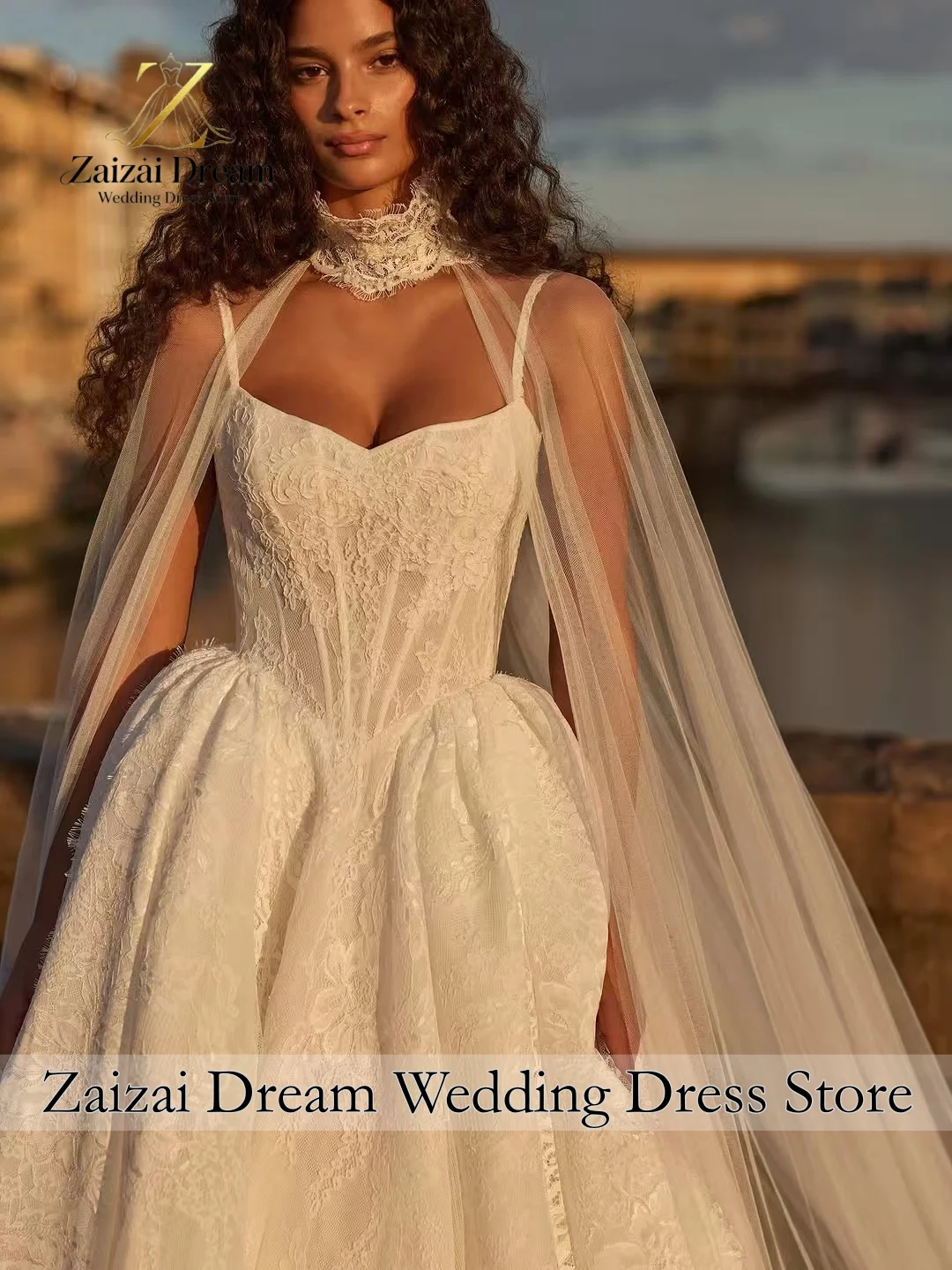 Customized Luxury Spaghetti Strap Wedding Dress with Detachable Cape Sweetheart Lace Bridal Gown Princess Ball Gown