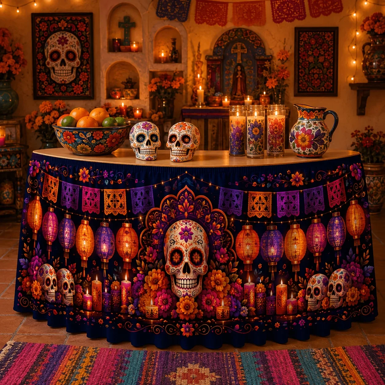 1 tablecloth table skirt, Day of the Dead sugar skull marigold flower color lantern candle paper cut hollow decorative painting
