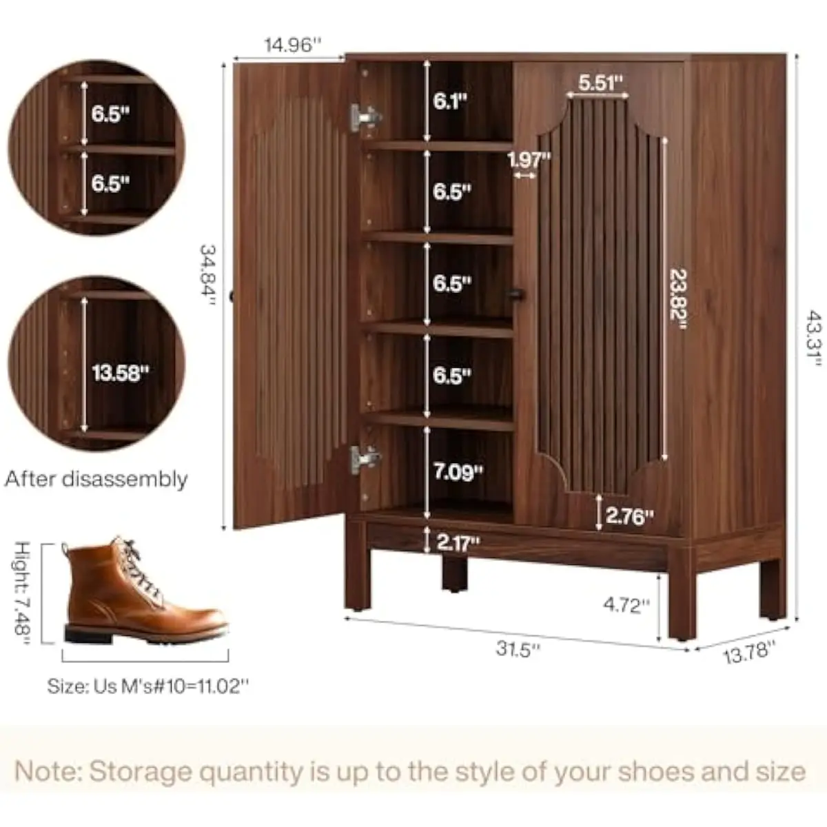 Compact three-door footwear storage unit featuring customizable interior shelving configuration; sold as coordinated pair in ric