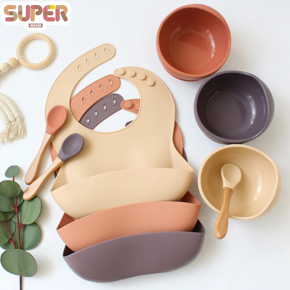 3Pcs Baby Bib Sucker Bowl Plate Spoon Fork Sets Silicone Solid Color Waterproof Non-slip Children Feeding Training Tableware Set