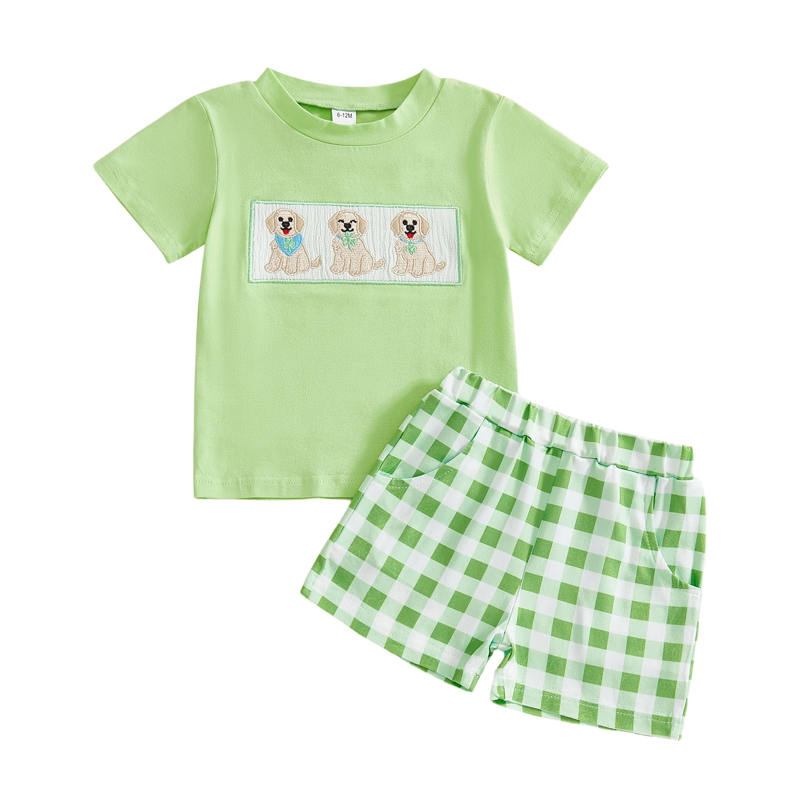 Boys Summer Shorts Sets Short Sleeve O Neck Dog Embroidery Tops and Plaid Shorts