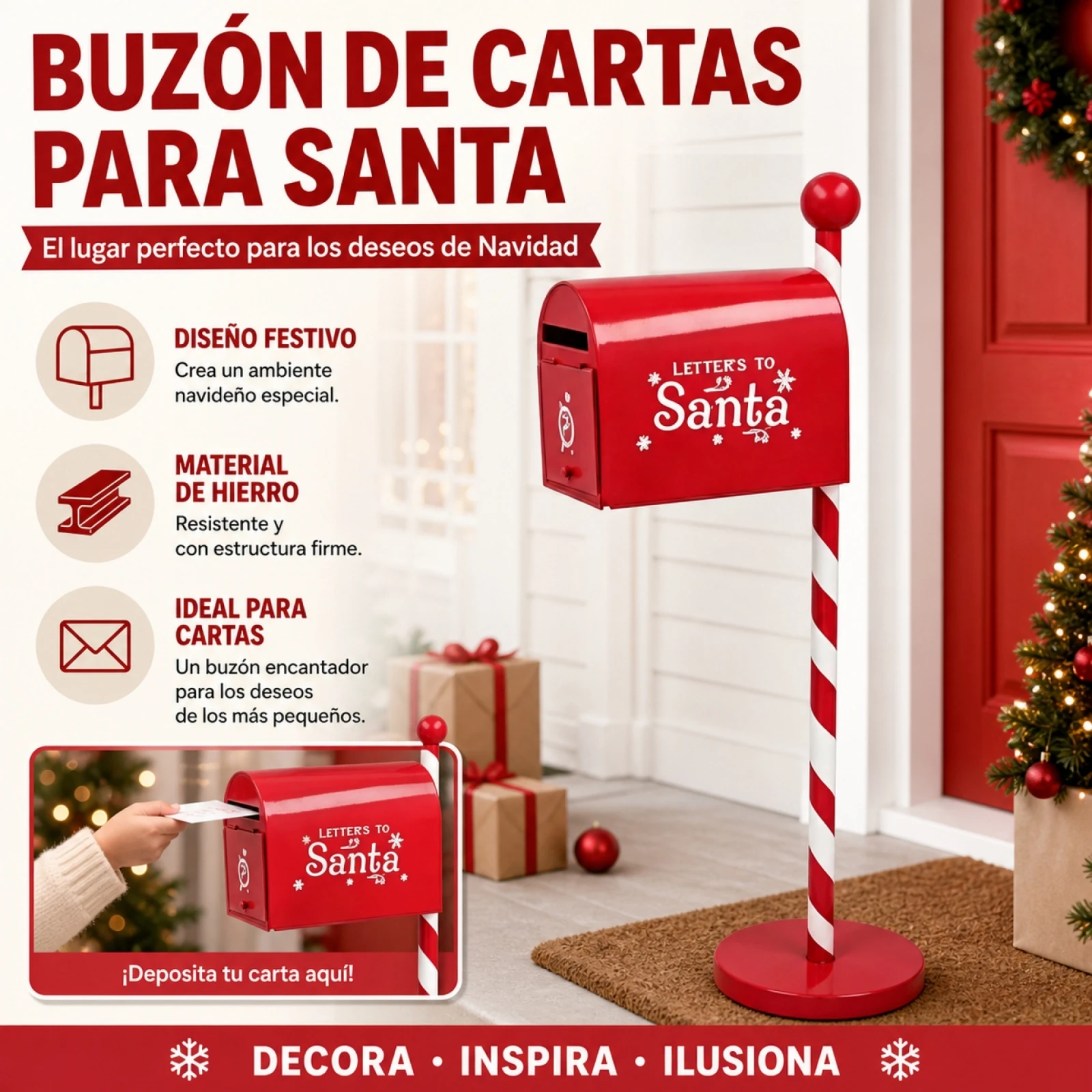 Boîte aux lettres de Noël en fer rouge et blanc pour les lettres adressées à Père Noël, décoration de Noël d’intérieur et d’extérieur avec poteau en forme de canne à sucre et base stable, dimensions : 23,5 x 14 x 52 cm.