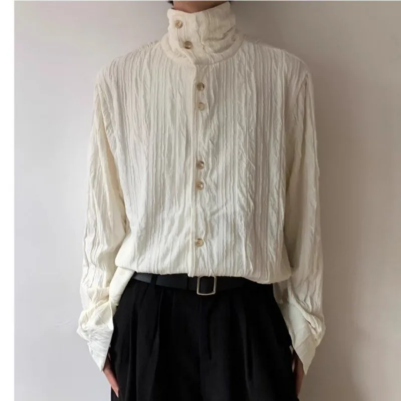 Men's French Style Vintage Pleated Textured High Collar Button Up Shirt Harajuku Solid Long Sleeve Loose Tops
