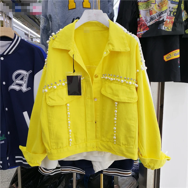 Fashion Pearl Diamond Denim Jacket Coat Women Loose Short Cowboy Outwear Pink Yellow White Green Jeans Jacket Female Streetwear