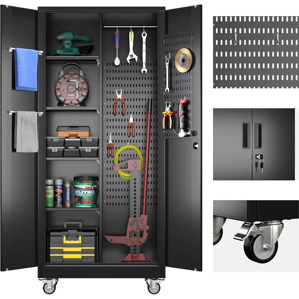 

Portable Metal Storage Cabinet with Adjustable Shelves, Wheels, and Pegboard for Garage Organization, Black, Assembled Required