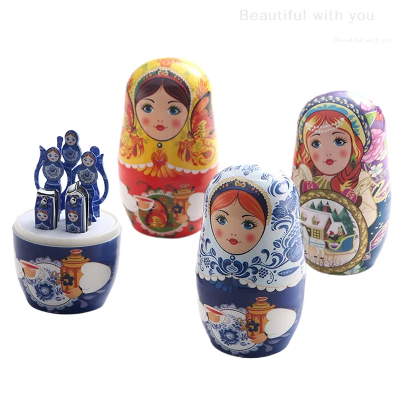 Kit de manucure pour poupée Matryoshka, ensemble de ciseaux à ongles, coupe-ongles, fournitures d'art avec ensemble de poupées gigognes décoratives, 7 pièces