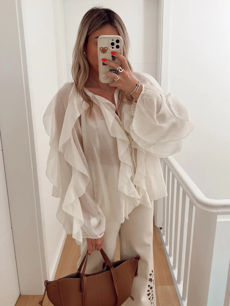 Casual Loose See Through Long Sleeve Gauze Shirts Fashion Solid V Neck Lace Up Layered Ruffle Edge Women's Tops Spring New Wear