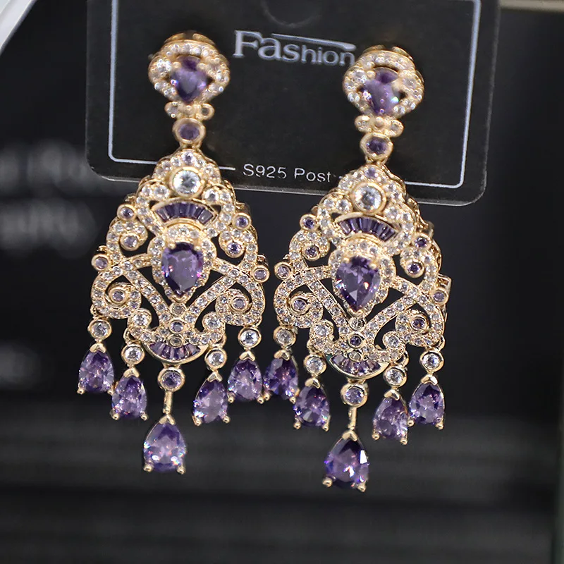 Bilincolor Micro Set Zircon Palace Droplet Tassel Earrings for Women