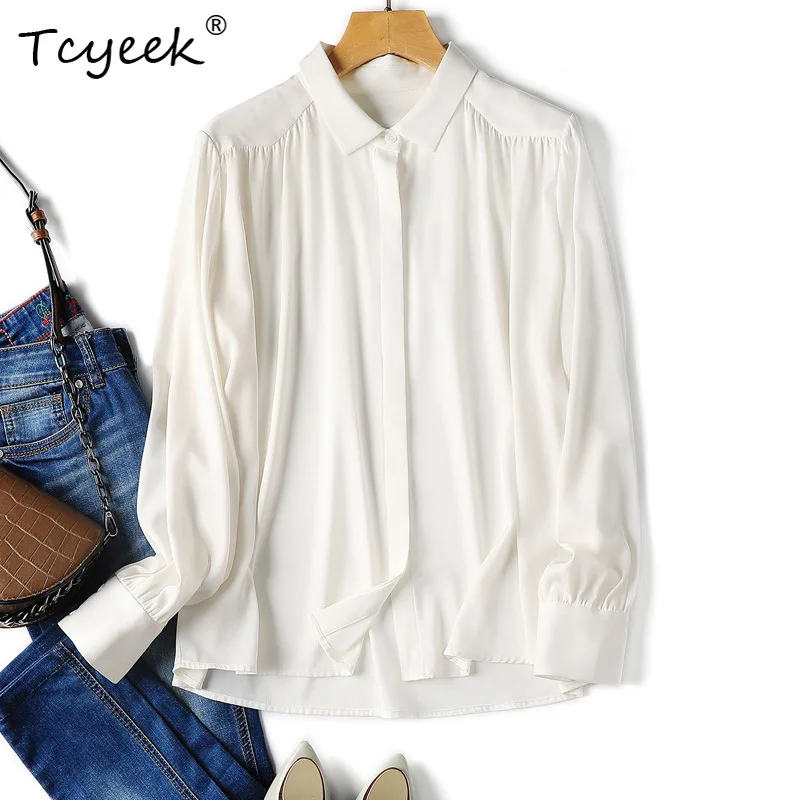 

Tcyeek, 19MM 92%Natural Silk Elegant Shirt, Women Lantern Sleeve Lapel, French OL Commute Blouse, 2024 Summer Autumn T46997QC