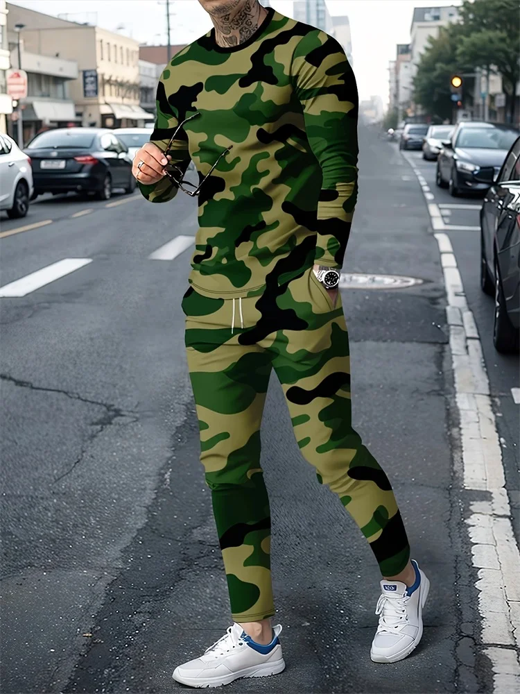 

2024 New Camouflage Men's T-Shirts Sets 3D Print Men Long Sleeve Tee Pants Suit Fashion Outdoor Man Clothing 2Pcs Jogger Outfits