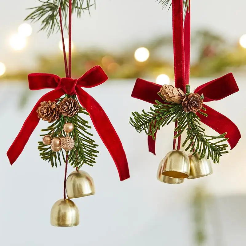 

2025 Christmas Ringing Bell Door Decoration Velvet Bow Pinecone Pendant Christmas Tree Decoration