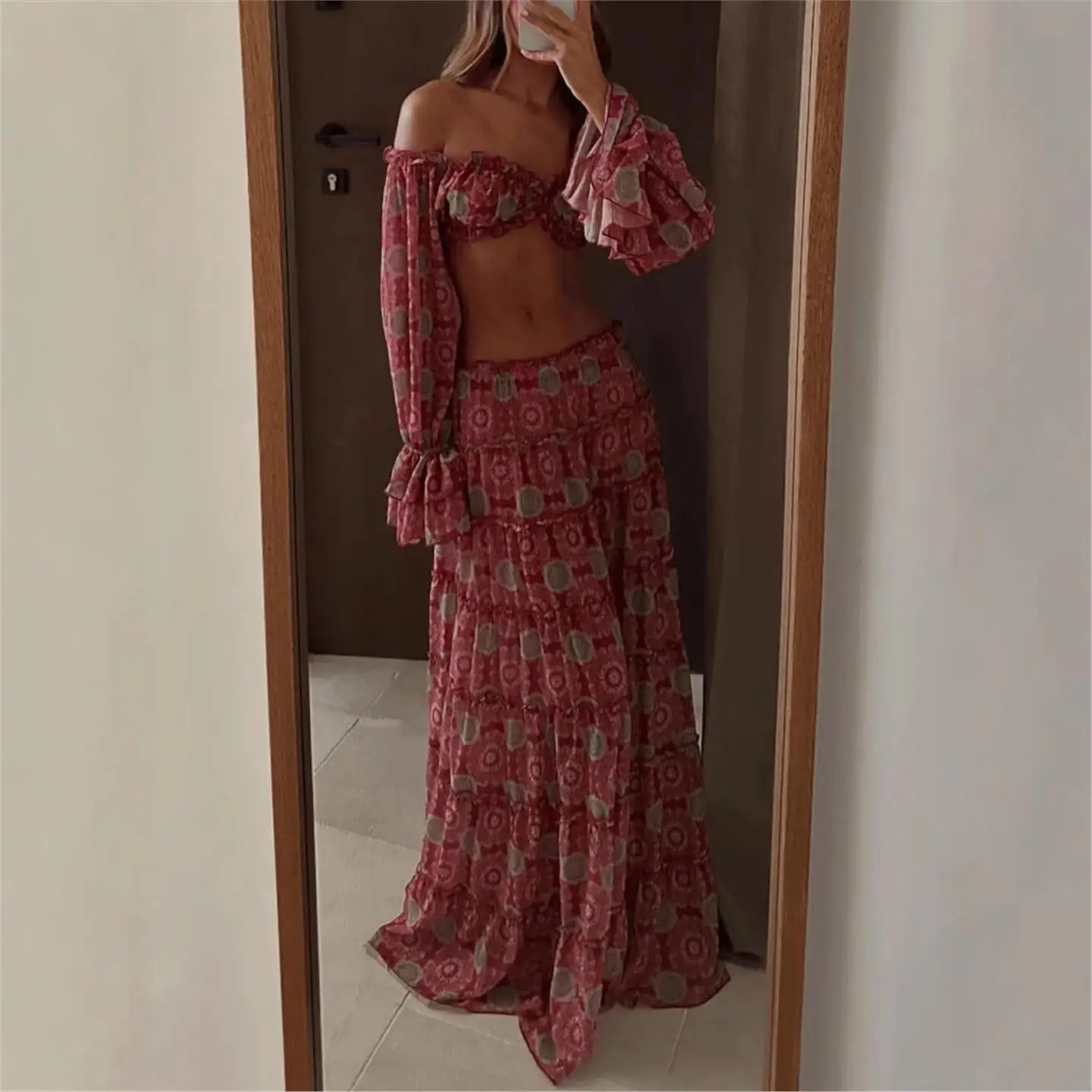 عارضة ort oulder Bared طباعة أعلى تنورة طويلة مجموعة مثير Sle منتصف منخفضة الخصر مظلة الجندي السراويل المواد البلاستيكية لمتوسطة... #3