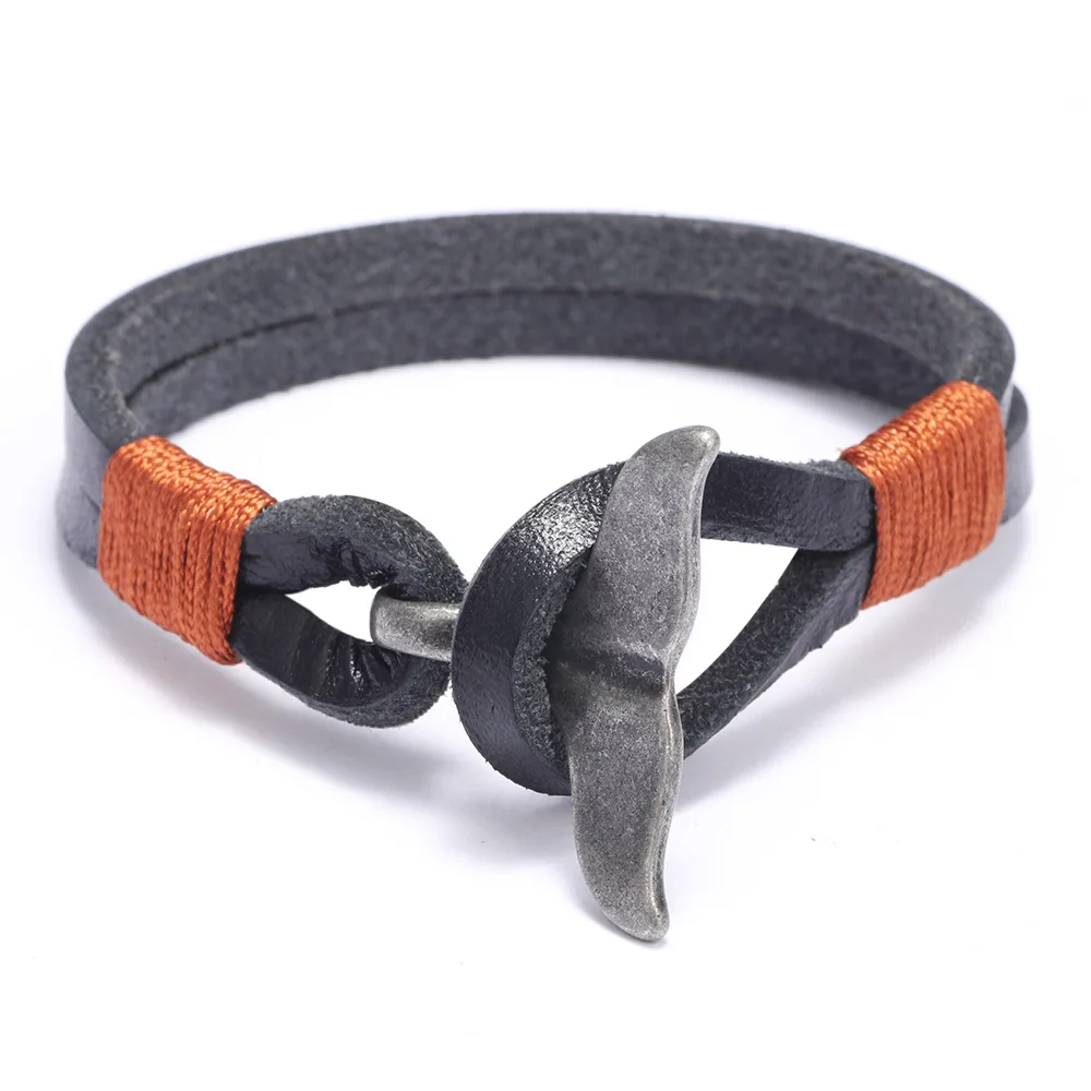 Punk Retro Whale Tail Charm Bracelet Men Cowhide Leather Bracelets Luxury Handwoven Jewelry Gift Wholesale