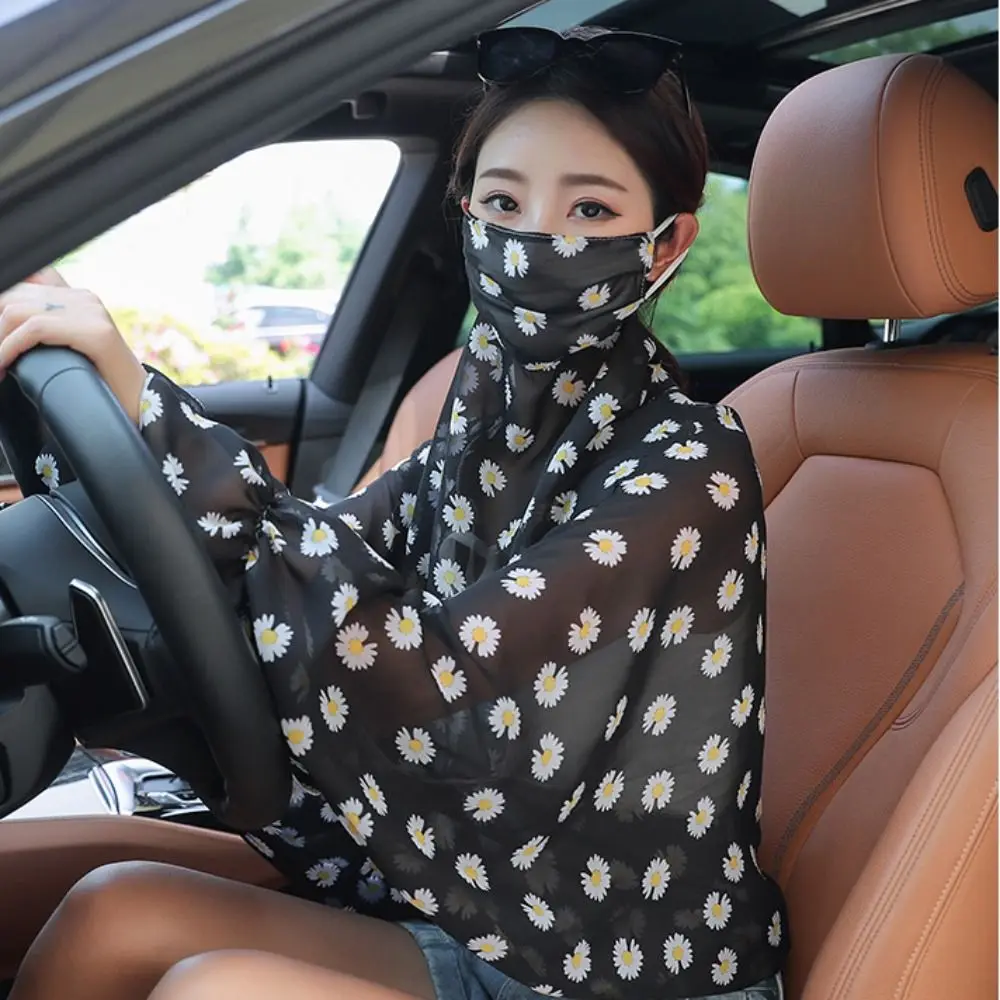 Maniche rinfrescanti Maniche protettive estive Maniche lunghe trasparenti Maniche a fiore Maniche floreali con maschera Velo Scialli in chiffon da donna