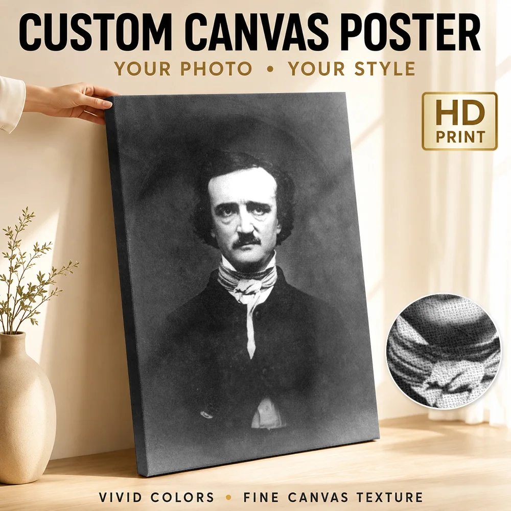 Edgar Allan Poe Writer Portrait Wood Framed Canvas Poster Customized Photo Monochrome Wall Art For Living Room Birthday Gift