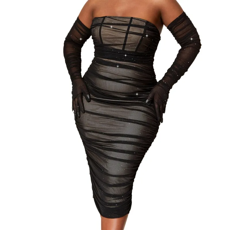 

Plus Size Women's Mesh Dress Long Sleeve 2 Piece Set Strapless See Through Midi Dress Elegant Sexy Party Dress Femme Vestidos
