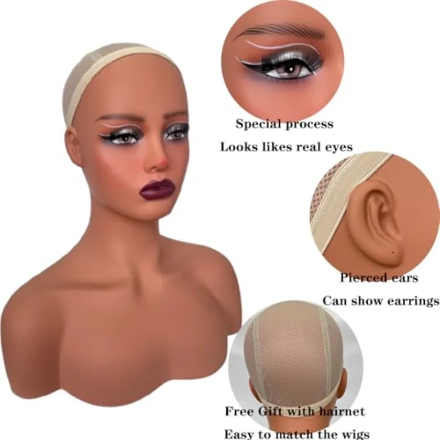 Реалистичная женская голова манекена с плечами, мягкая голова манекена для парика, стильные ювелирные изделия светло-коричневого цвета, модный S