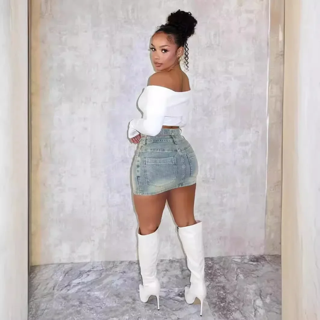 

Весна-лето, новый уникальный дизайн, юбки до половины тела с запахом на бедрах. Женские повседневные эластичные джинсовые короткие юбки с двойной талией