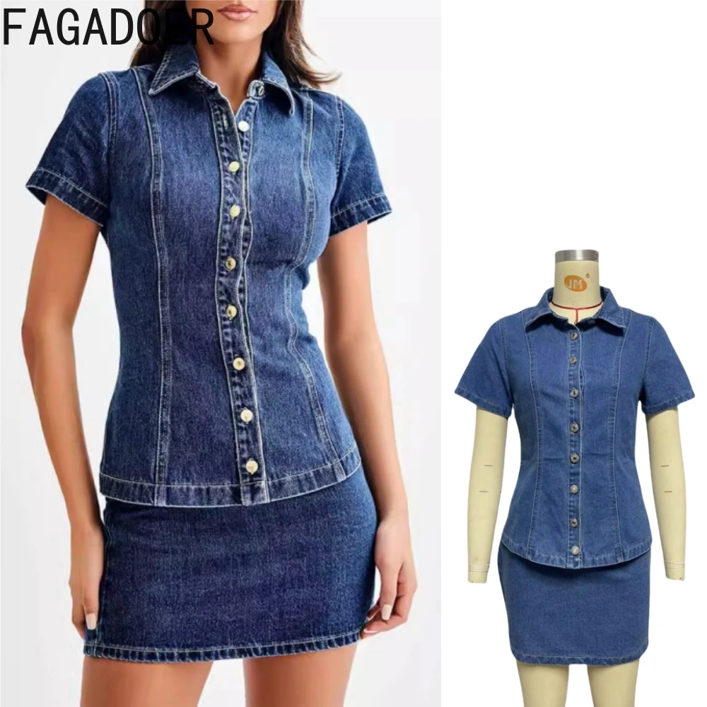 

FAGADOER Blue Denim Fashion Button Mini Skirts Two Piece Sets Women Lapel Short Sleeve Top And Skirts Outfits Cowboy 2pcs Suits