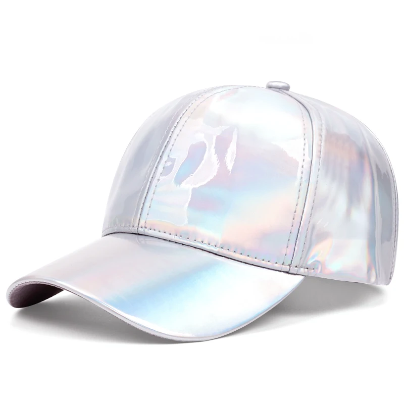 Women\'s Fashion Laser Baseball Cap PU Leather Unisex Hats Adjustable Gradient Cap Shiny Party Dressing Caps Hip Hop Cap