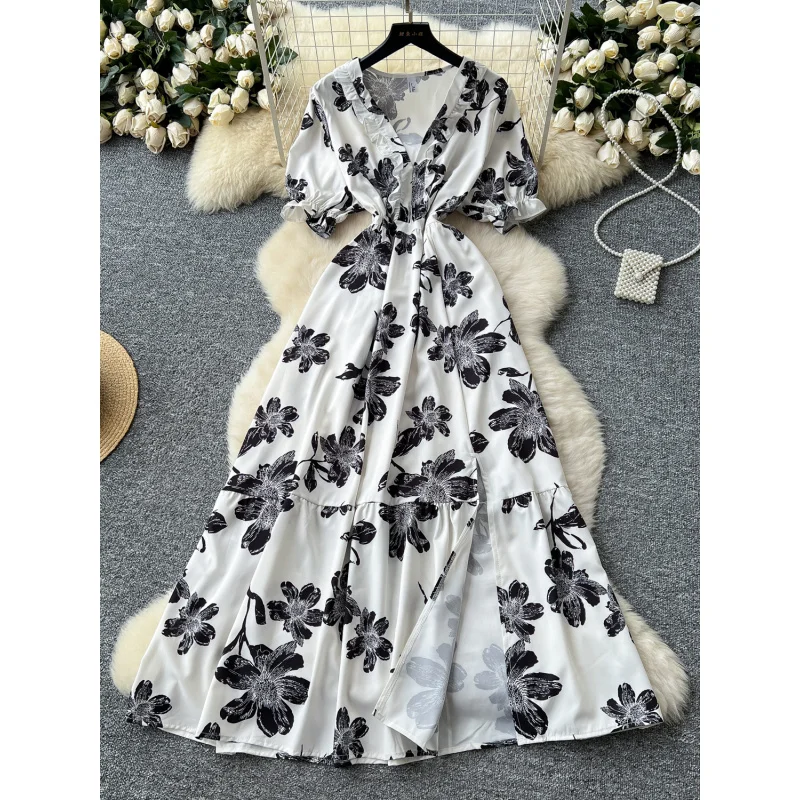 Boho vintage slim ผู้หญิงฤดูร้อน v คอดอกไม้พิมพ์ชุดยาวชายหาด vestido de festa elegant streetwear แยก vestidos