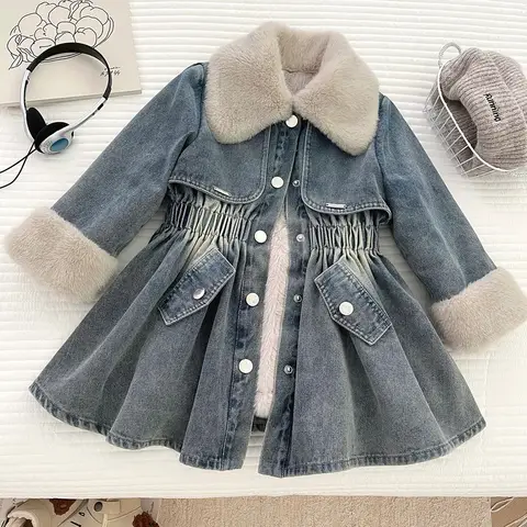Français hiver peluche chaud bébé filles Denim veste robe épais velours coupe-vent vêtements d'extérieur enfants vêtements d'extérieur en coton tailles 2-10 ans