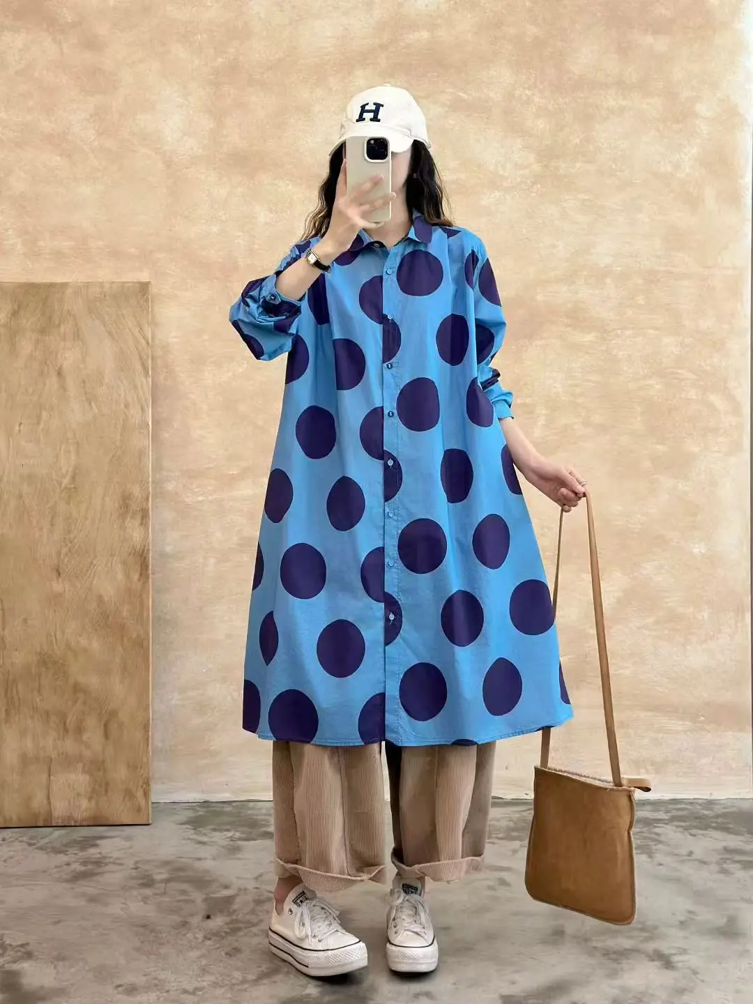 Busto 118cm vestido camisero de algodón puro con estampado de lunares para mujer estilo japonés original otoño azul púrpura vestido de puntos de manga larga