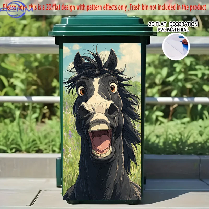 [2D Flat Printing] 1pc 2D Pattern Printed Kitchen Trash Can Sticker, X Cm Black Horse Grinning, Themed Kitchen Home Decor Wall