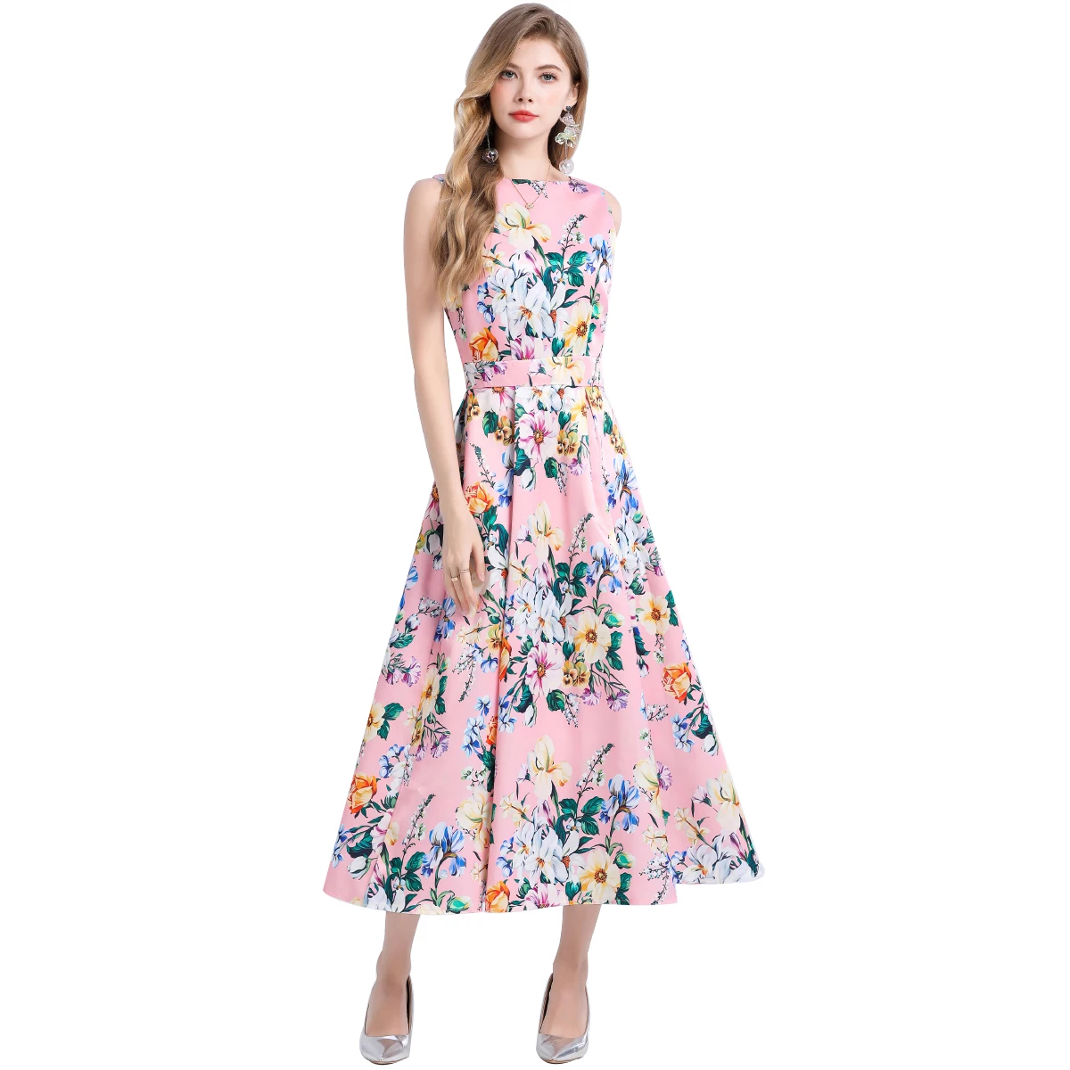 Férias de verão rosa vestidos florais feminino tanque colete sem mangas fino cintura alta bolso flor impressão praia festa midi vestido