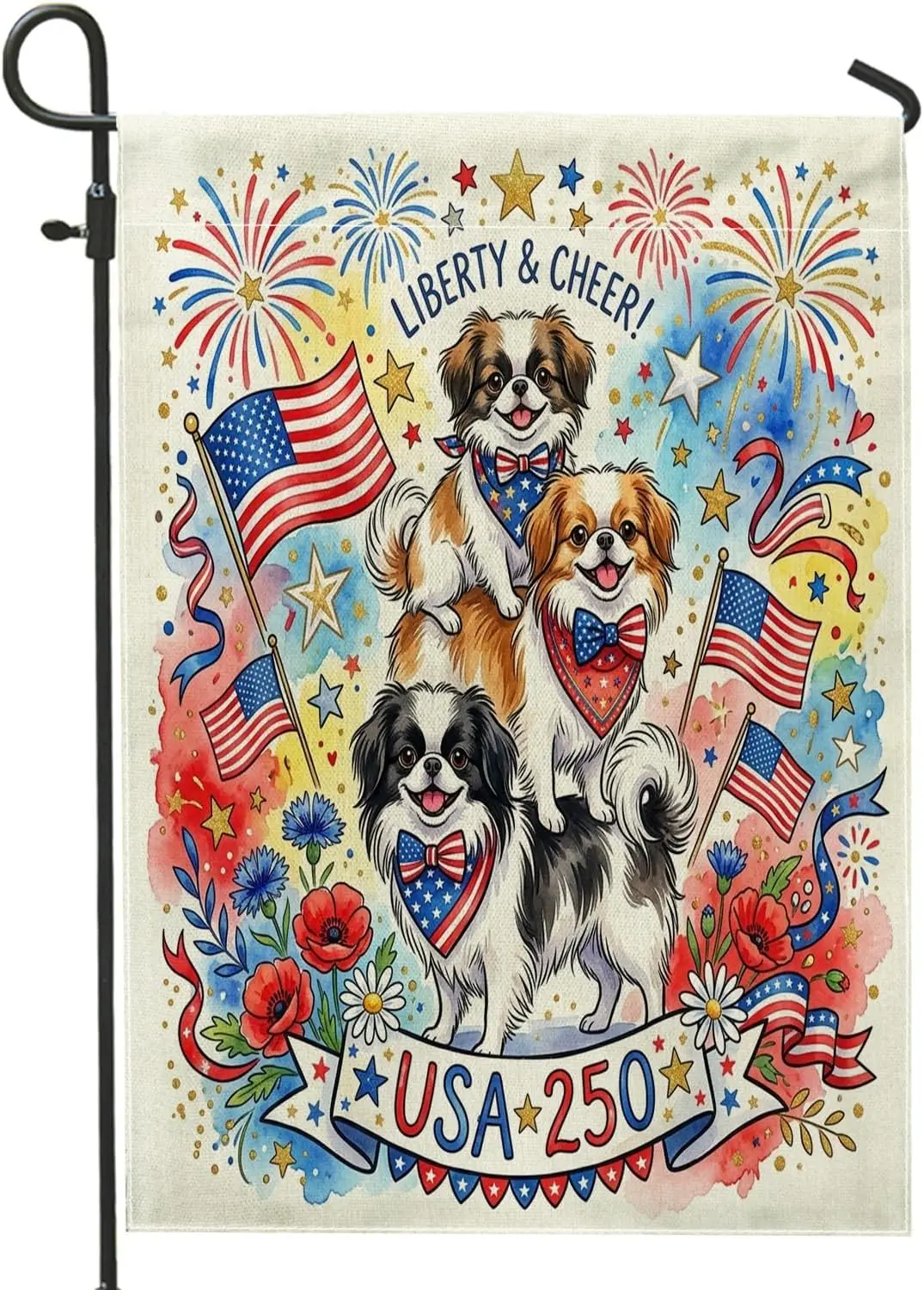 250 Years Japanese Chin Dog Front Yard Backyard Burlap Garden Flags 12x18 Double Sided for Outdoor, 4th of July Floral Small AAS