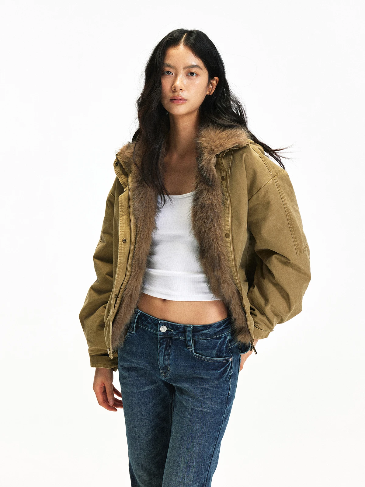 

Женская хлопковая куртка UnderStr с отстегивающимся меховым воротником, цвета глубокого хаки, в американском ретро-стиле, приталенная, для осени и зимы, для повседневной носки